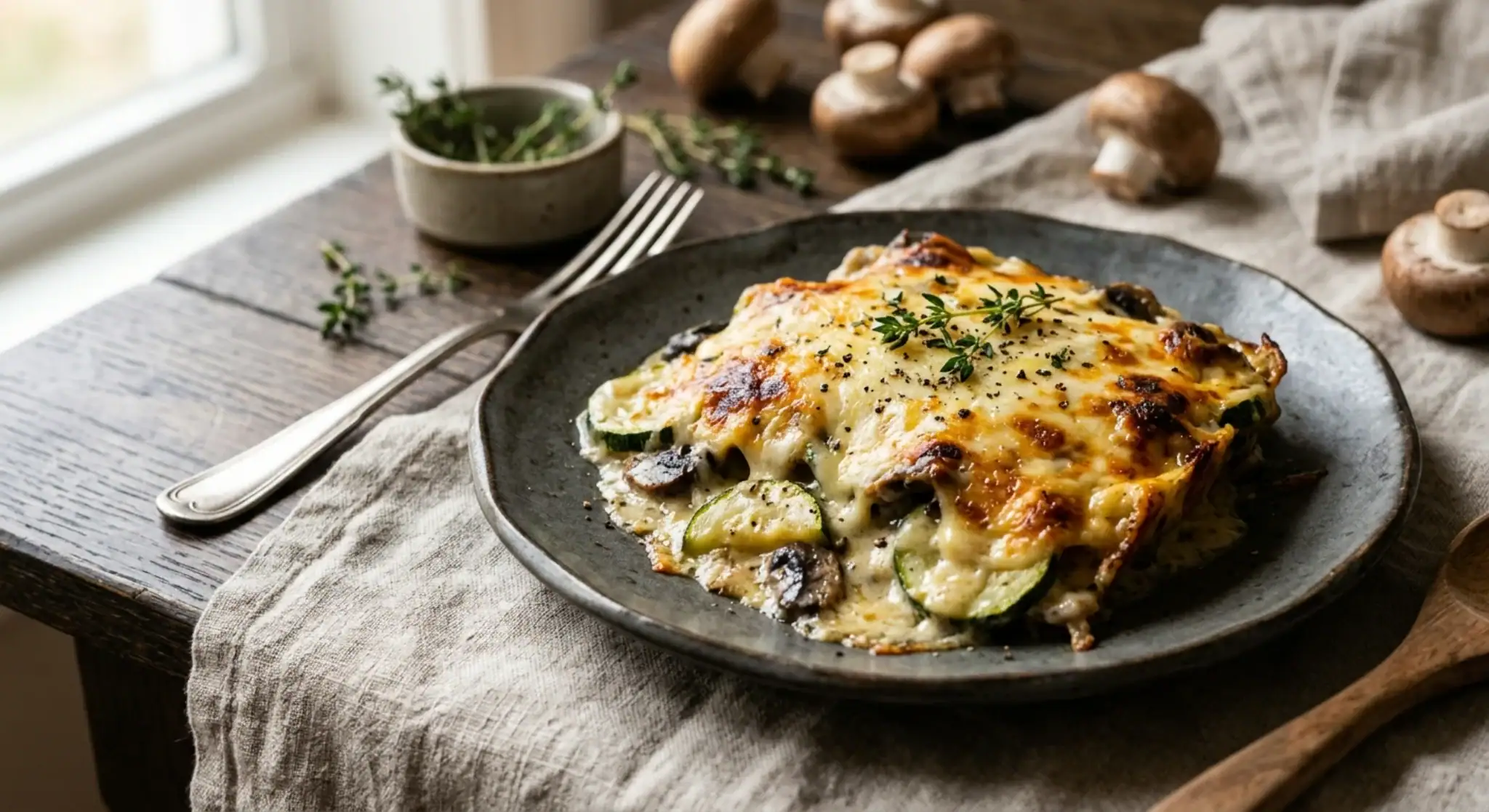 Keto courgetteschotel met kastanjechampignons en gesmolten kaas